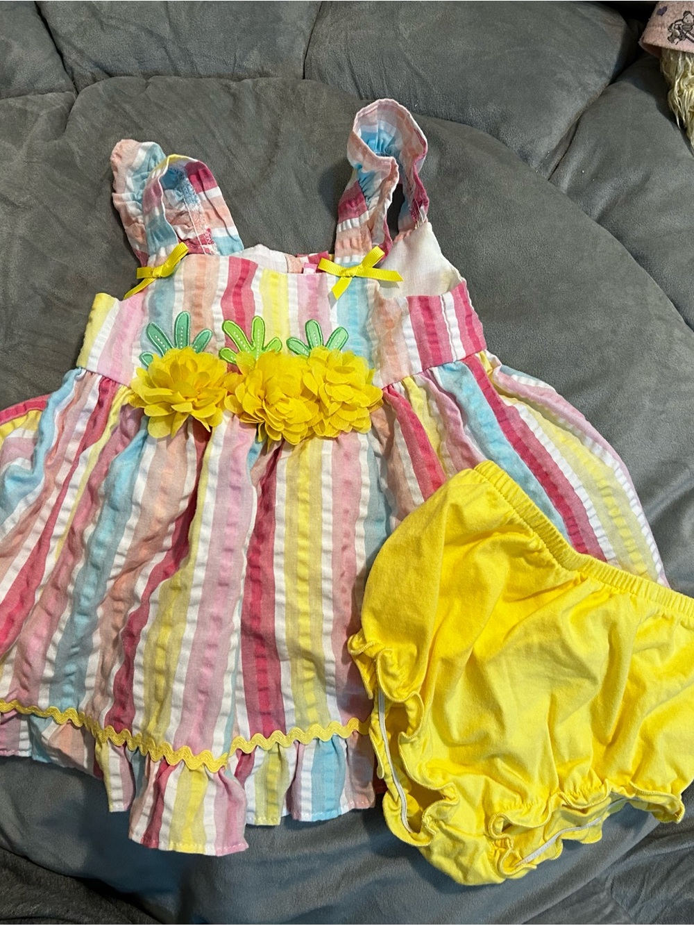 Good Lad Pastel Rainbow Stripe Dress with Yellow Flower Trim